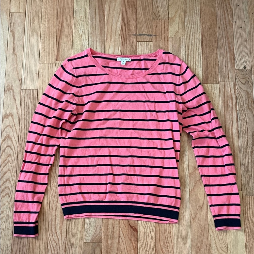 J Crew Striped Pink Navy Sweater Medium 100% Cotton Lightweight Preppy Parisian